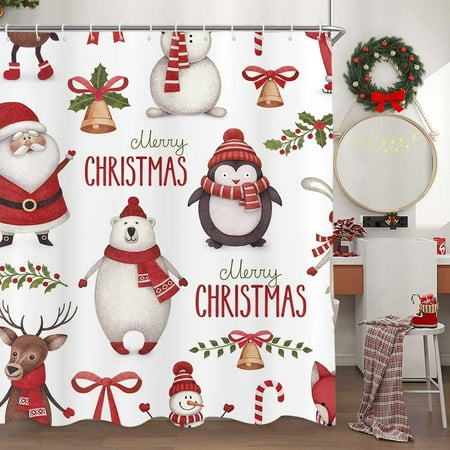 Newhomestyle Christmas Shower Curtain, Watercolor Christmas with Santa Claus Bear Penguin Pine Cone Bath Curtains Kids Decor, Xmas Festiva Fabric Bathroom Shower Curtain wiht Hooks 72x72 inches
