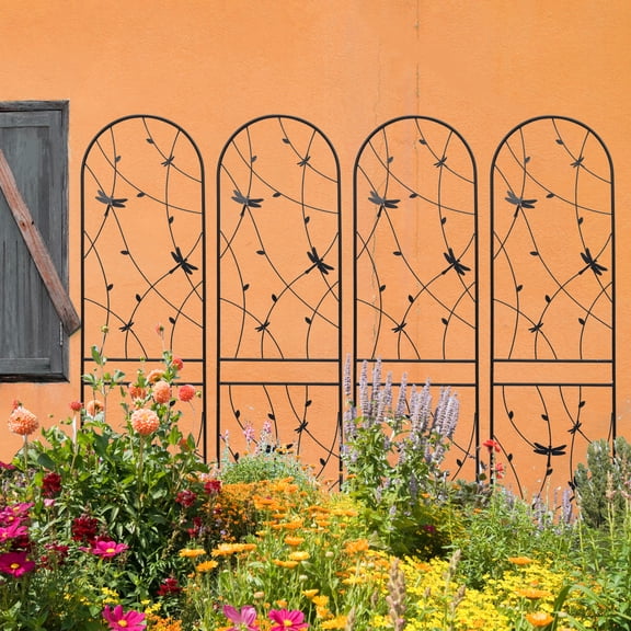 LiviNest Garden Trellis for Climbing Plants: Rustproof Metal Outdoor Plant Support with Dragonfly Vine Pattern - 4 Pack Decorative Screens for Garden Design & Landscape Decor