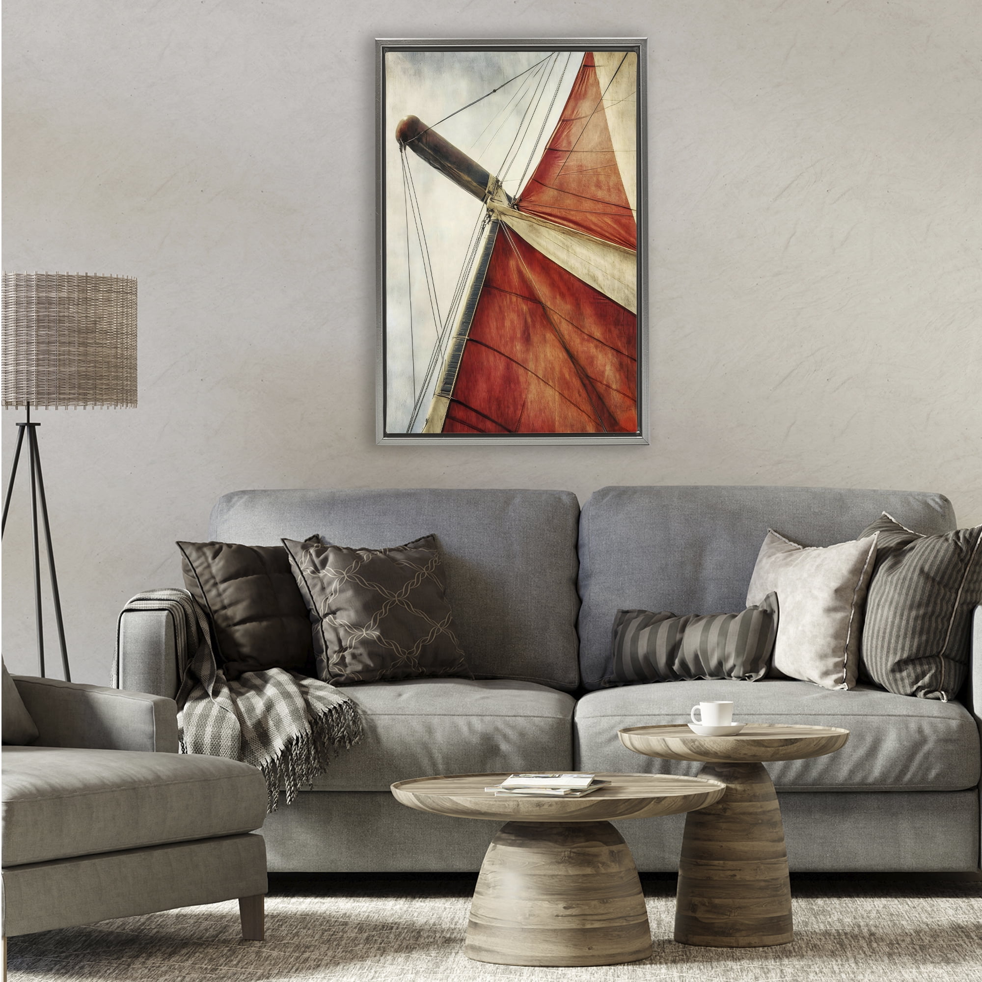 Stupell Industries Red Sail at Sea Gray Framed Floater Canvas Wall Art, design by Creative Studio