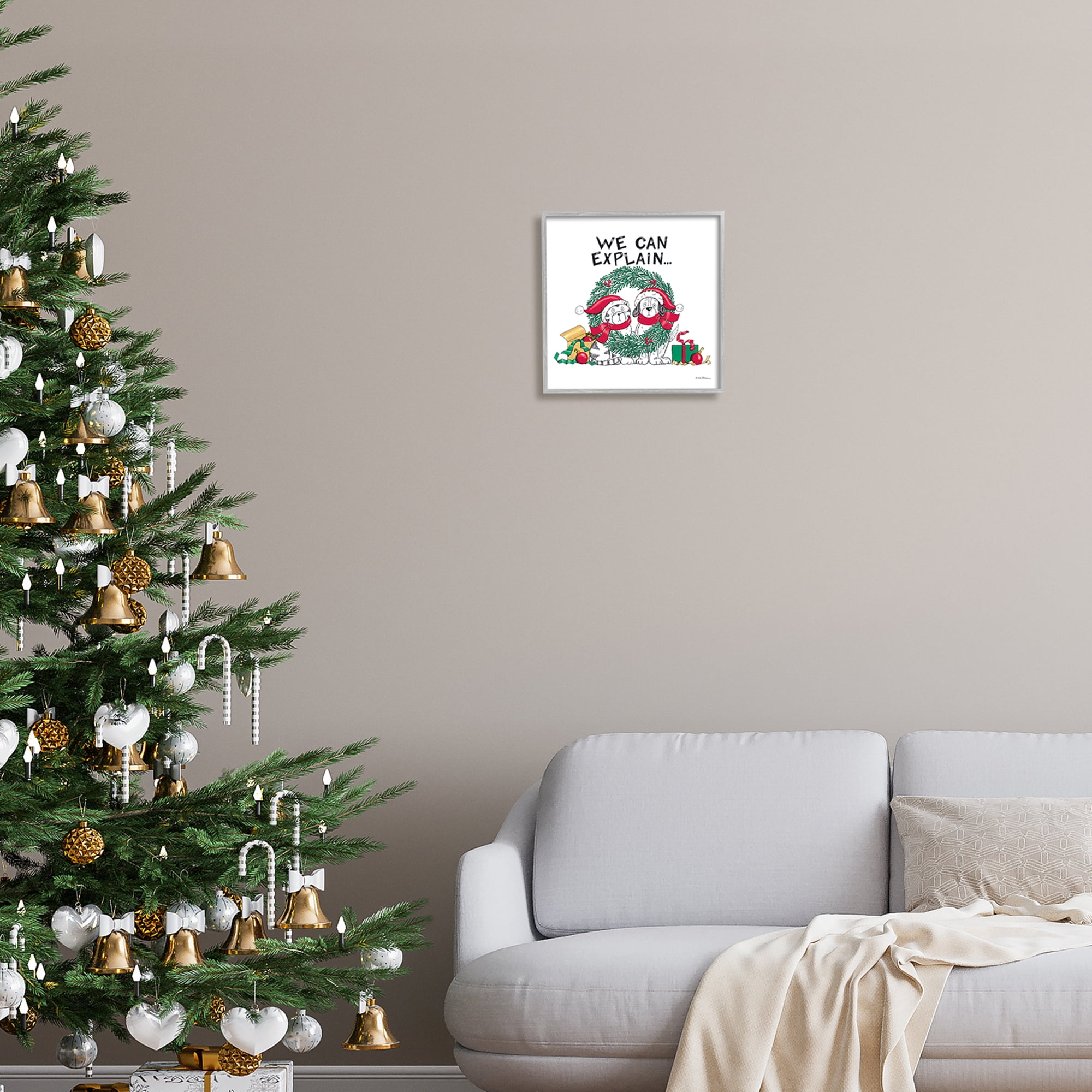 Stupell Industries Cat & Dog Christmas Humor Holiday Painting Gray Framed Art Print Wall Art, 12 x 12