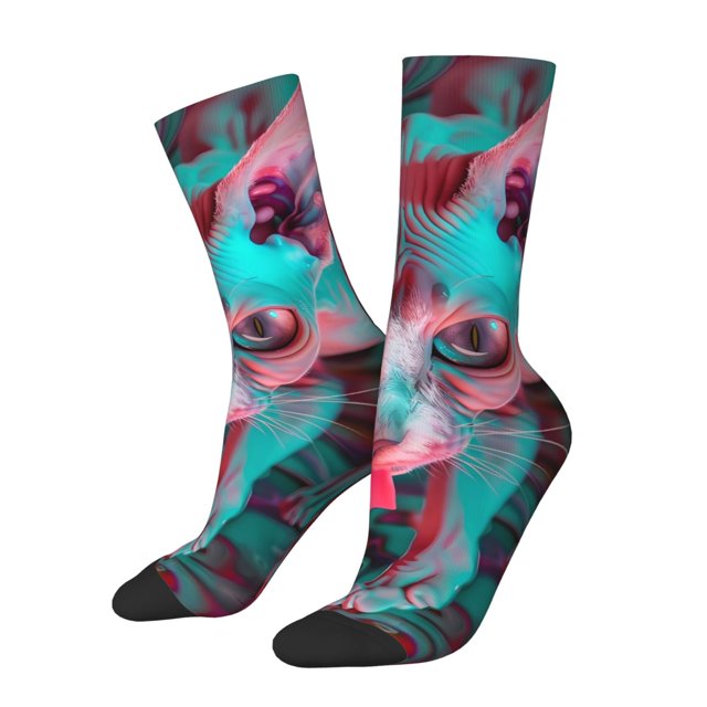 Balery Psychedelic Hairless Cat Calcetas Largas con Estampado para Hombre y Mujer – Suaves y Transpirables, Talla Única (US 5-11)