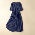 thumbnail image 2 of UPPADA Robes d'Été en Coton et Lin pour Femmes Grande Taille à Col en V Boutonné à Manches Courtes Robes Fluides de Plage Vacances Élégantes, Robe Modeste Bleu Marine, m, 2 of 6