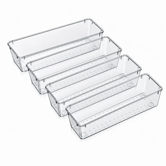 BlinkLLX 4 Pcs Vanity Drawer Organizer 9 x 3 x 2 Inches Clear Plastic Utensil Organizers Kitchen Drawers Dividers for Office Desk Silverware Kitchen Utensils Cosmetics and Bathrooms(Clear)