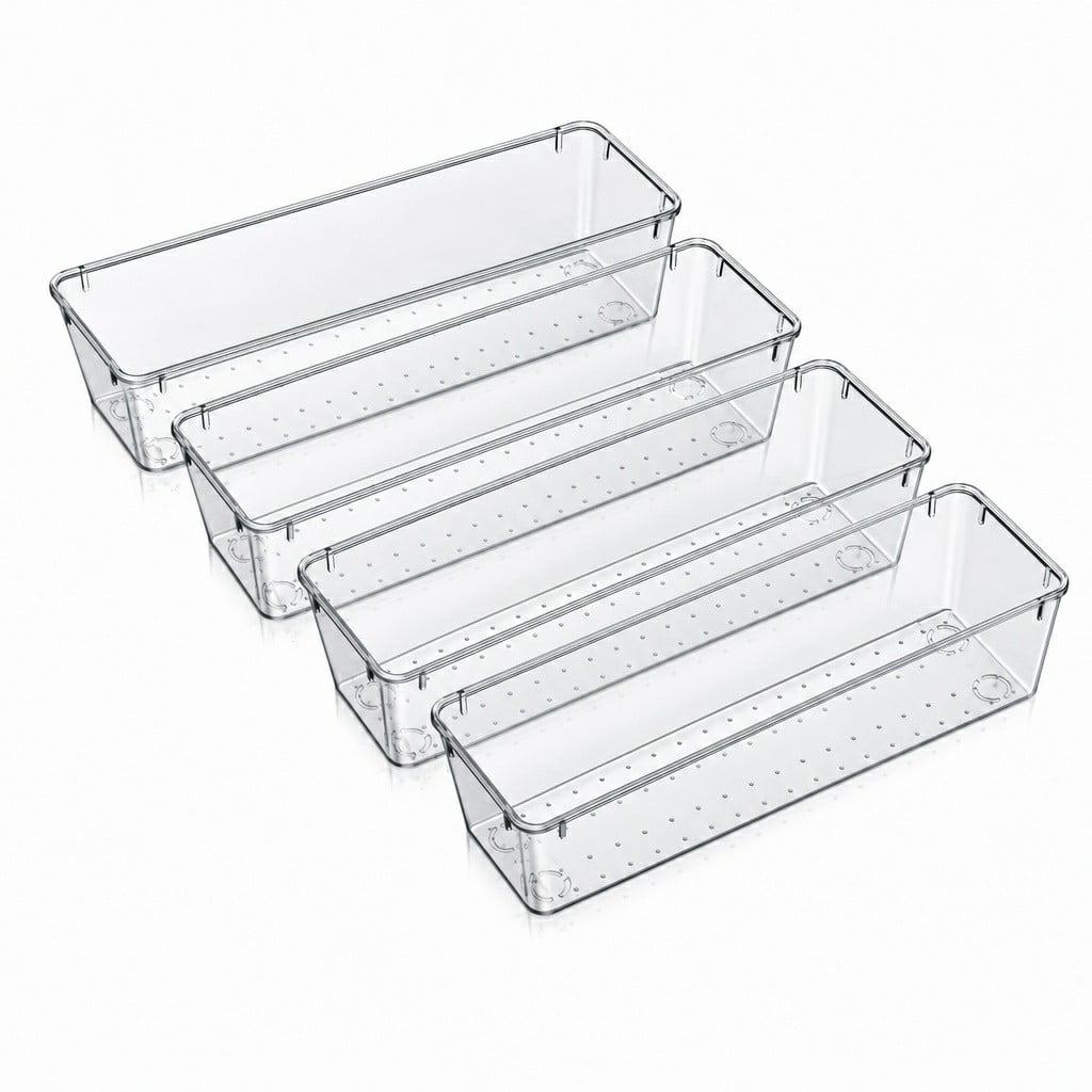 BlinkLLX 4 Pcs Vanity Drawer Organizer 9 x 3 x 2 Inches Clear Plastic Utensil Organizers Kitchen Drawers Dividers for Office Desk Silverware Kitchen Utensils Cosmetics and Bathrooms(Clear)