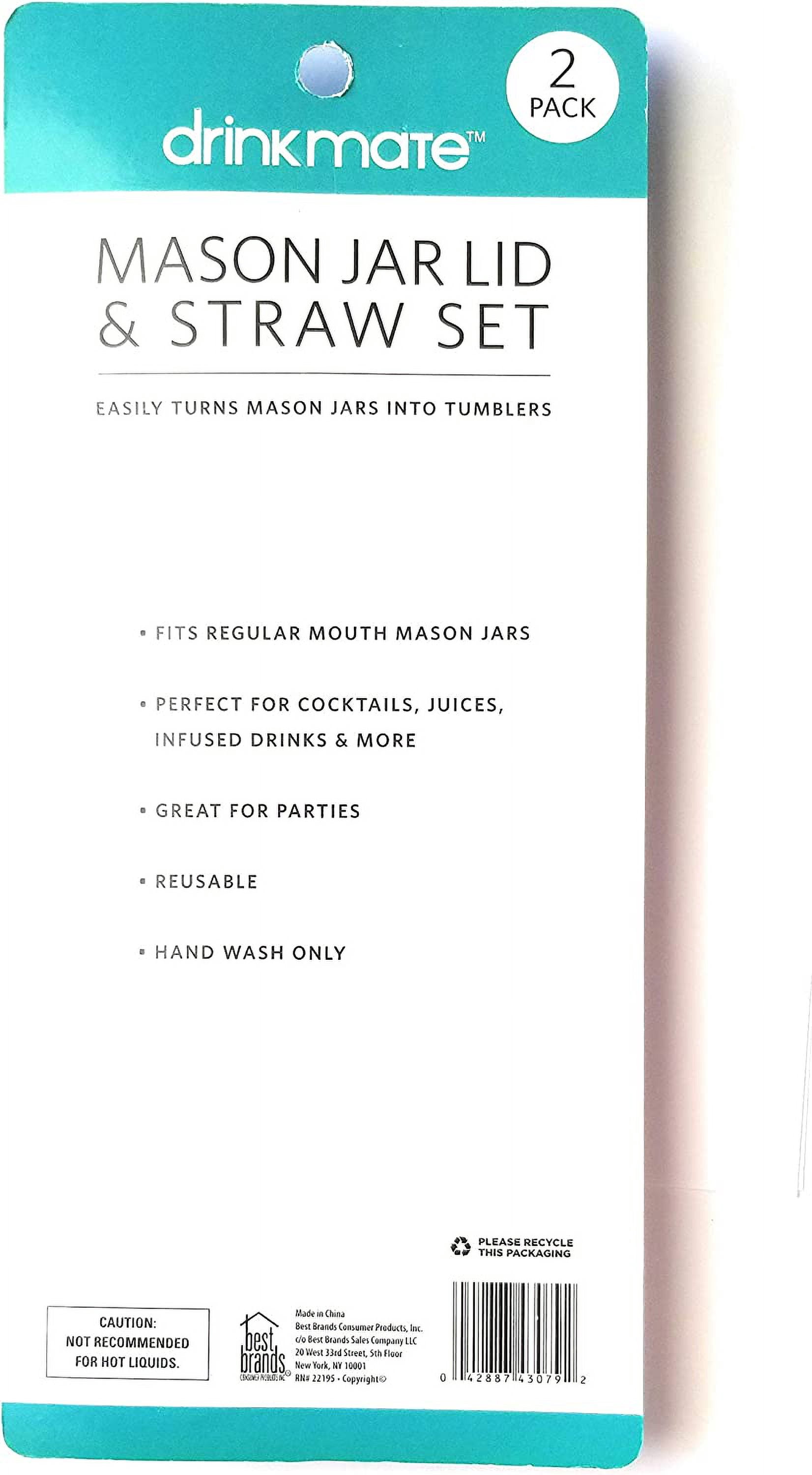 Drinkmate Mason Jar Lid and Straw Set (Pack of 2). Regular Mouth Mason Jars. Jars into tumblers. Straw Holes. Silver lid