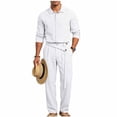 thumbnail image 3 of VBTAPA Business Casual Outfits for Men Cotton Linen 2 Piece Set Long Sleeve Button Down Shirts and Pants Set Office Work Suit with Pockets White S, 3 of 9