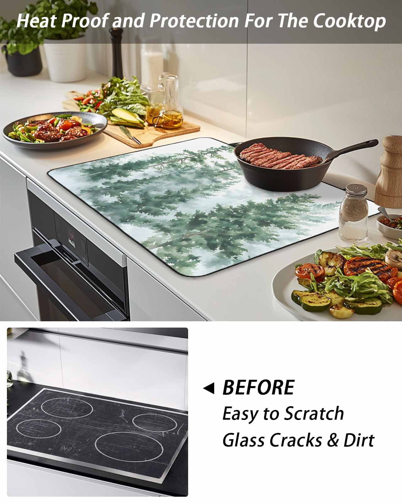 Stove Top Covers for Electric Stove, Forest Green Glass Stovetop Cover Protector, Spring Summer Watercolor Pine Tree Induction Cooktop Protector Oven Mat for Kitchen Countertop 31"x24"