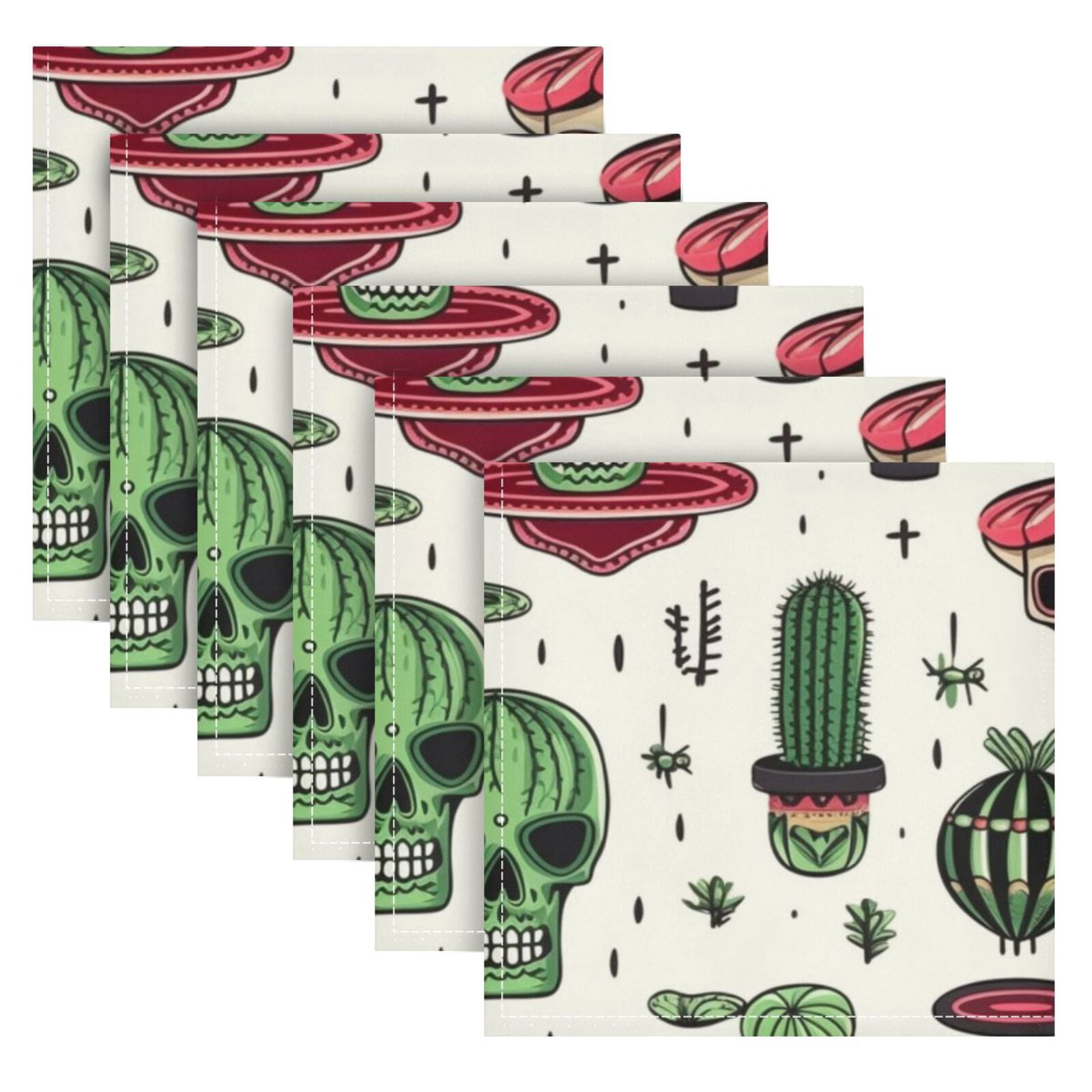 JSTEL Skull Cactus Cloth Napkins Set of 6, 20x20 Inch Washable and Reusable Napkin for Decoupage Dinner Party Everyday Use