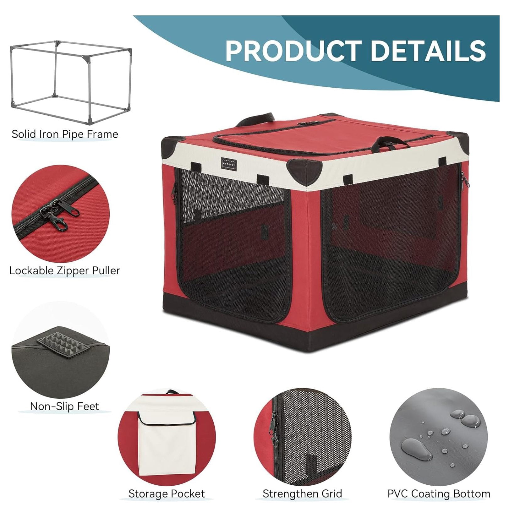 26" Soft Portable Dog Crate – Patented Spiral Sturdy Frame, Collapsible Travel Kennel for Small Dogs, 3 Mesh Door, Lockable Zippers, Indoor & Car Use Red