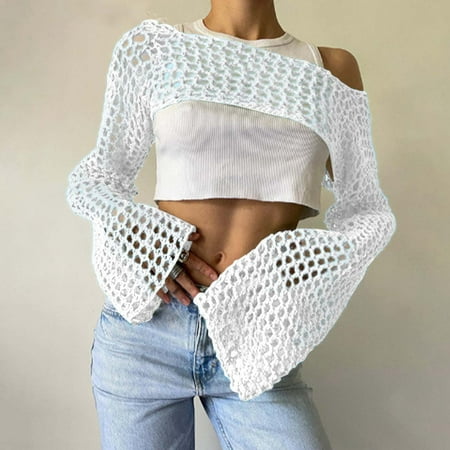 Daznico Womens Plus Size Swimsuit Seductive Round Neck Solid Color Hollow Out Knit Sweater Long Sleeve Cover Up Top for Wome Retro Swimsuit for Women(Color:White Size:XS)