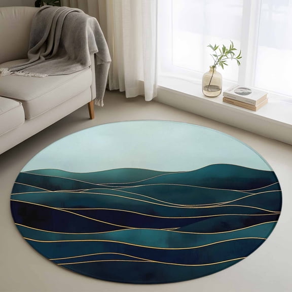 Round Rugs 4Ft, Turquoise Round Area Rug Washable Indoor Throw Carpet, Modern Abstract Geometric Art Golden Soft Non Slip Circle Rug for Kitchen Nursery Room Home Decor Aesthetic