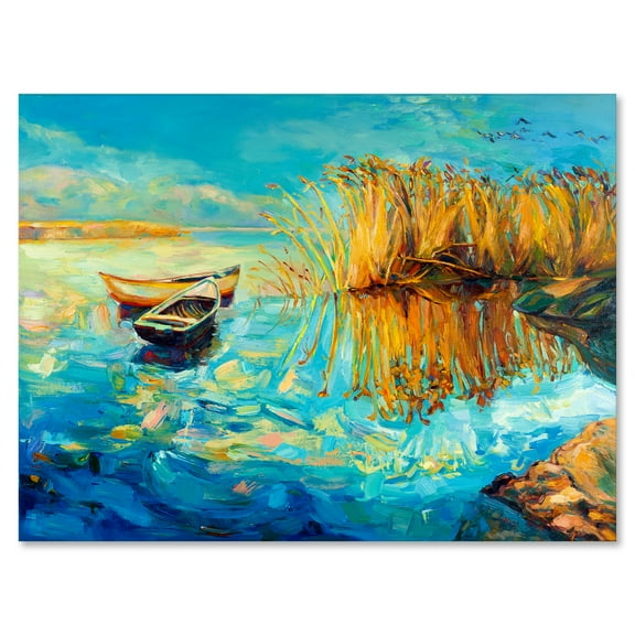 Designart ' Orange Trees With Turquoise Lake During Sunset ' Nautical & Coastal Canvas Wall Art Print