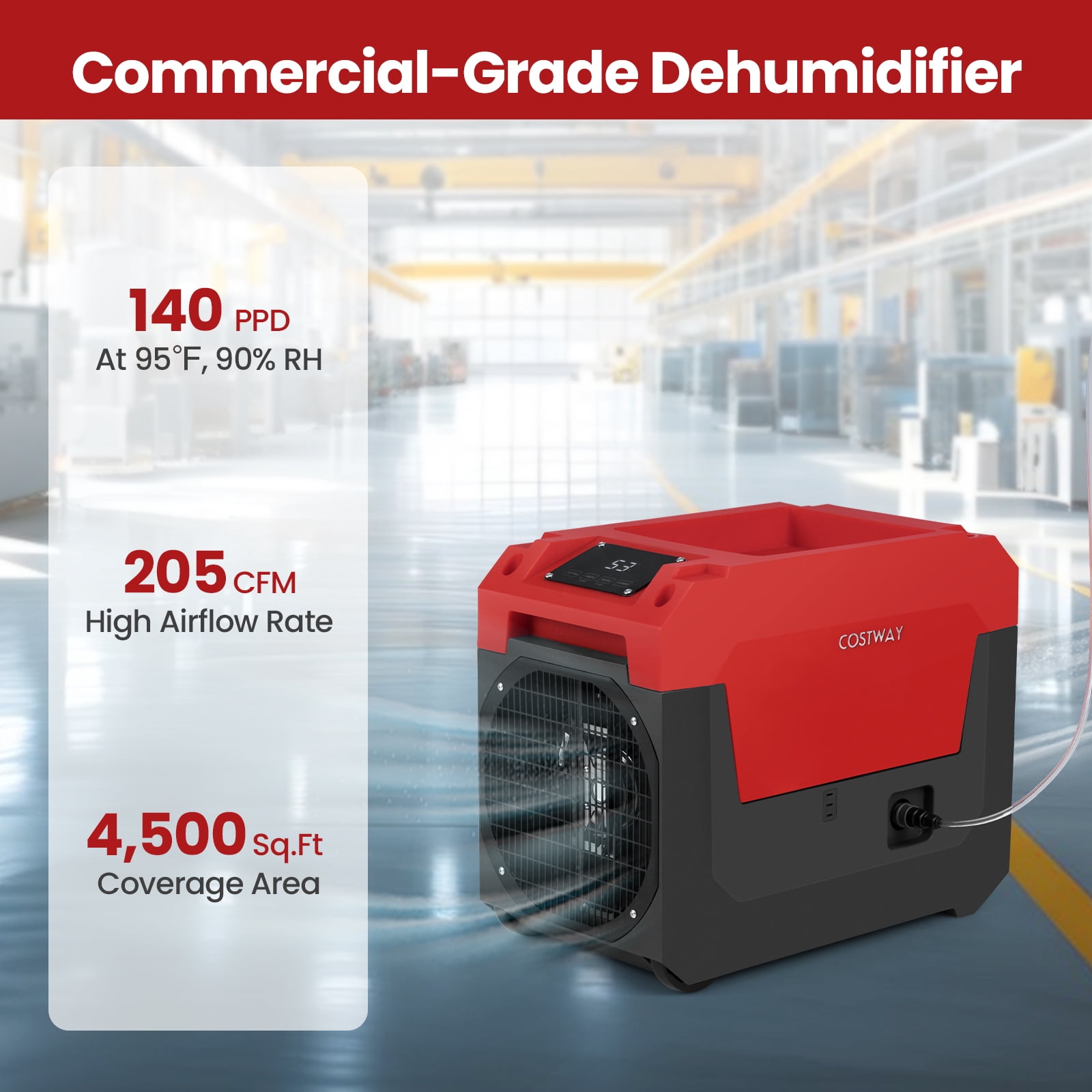 Costway 140 Pints Commercial Dehumidifier with Pump, Drain Hose for Basements, Job Sites Red