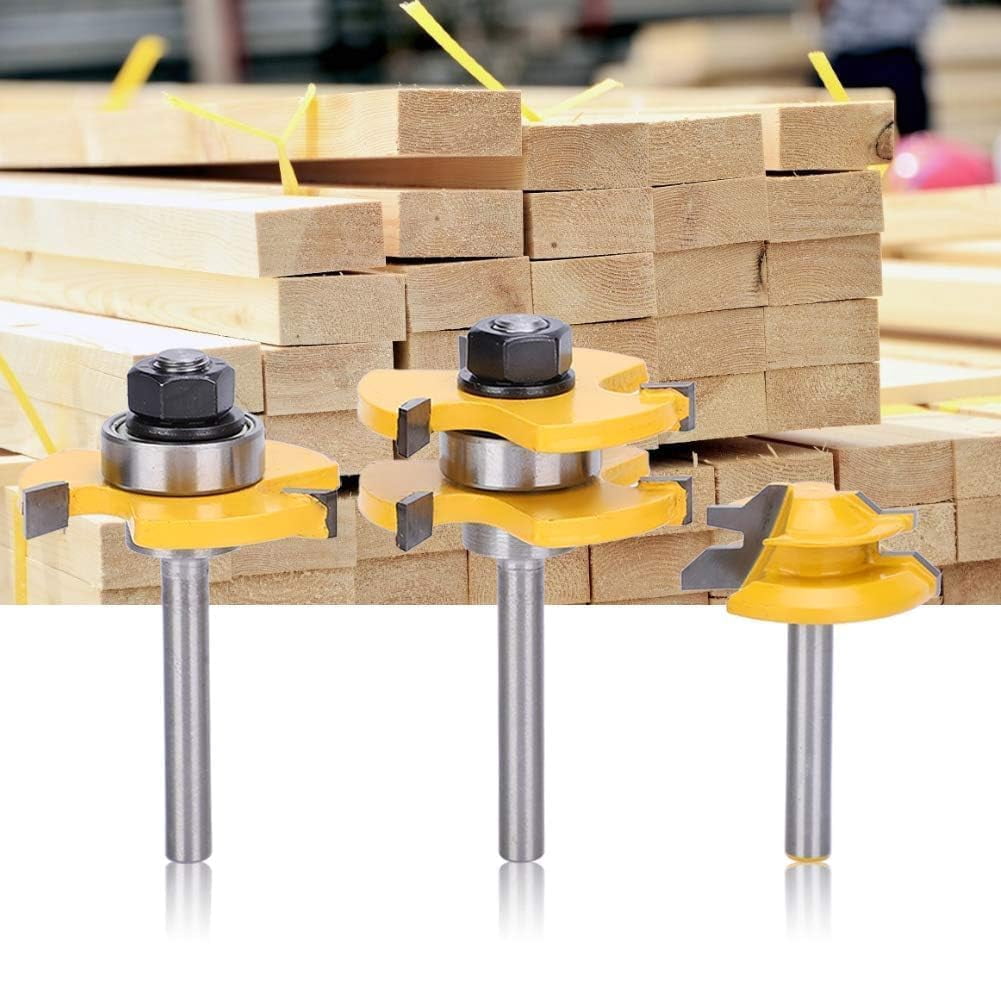 Zgui 3Pcs Router Bits Set 1/4 Inch Shank 45 Degree Miter Router Bit Woodworking Wood Cutter, Wood Carbide Groove Tongue Milling Tool Joint Router Bits Lock Miter Router Bit Wood Milling A418