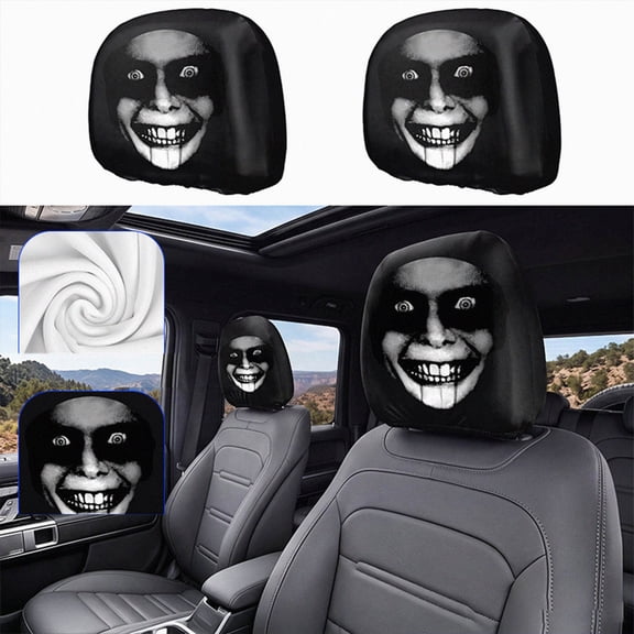 Halloween Creepy White‑Face Joker Skeleton Car Headrest Covers, 2‑Pack Spooky Sinister Clown‑Style Skull Face Print Vehicle Seat Head Rest Protector for Car Interior Halloween Decor