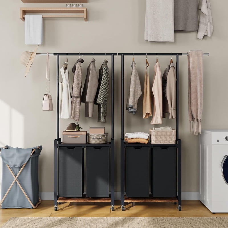TROPOW 2 Section Laundry Sorter - Laundry Hamper with Wheels, Hanging Rack & Shelf, Rolling Clothes Storage Basket Organizer for Bedroom, Laundry Room