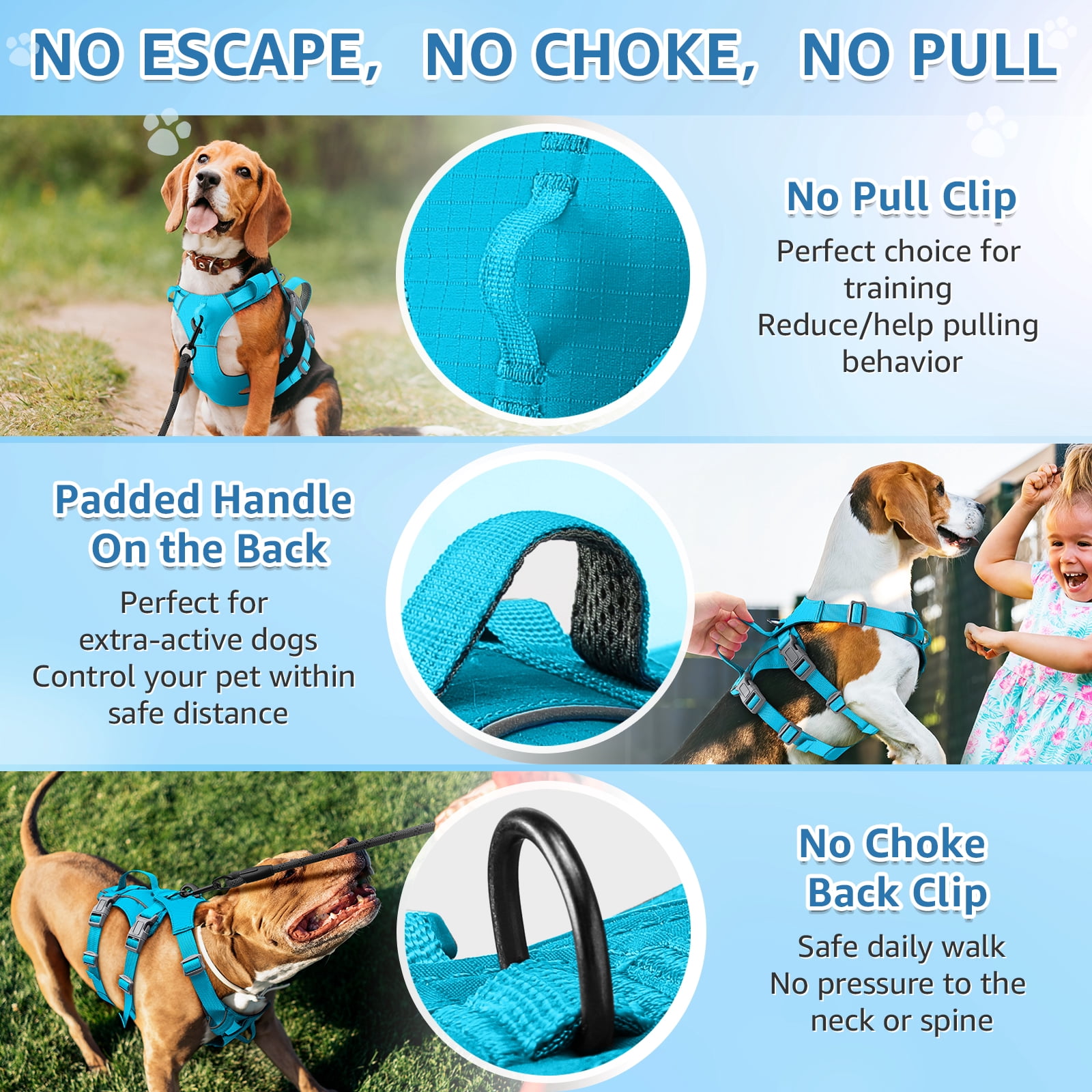 AUTOWT No Pull Dog Harness - Lightweight, Escape Proof with Padded Handle, Adjustable Reflective Vest for All Sizes