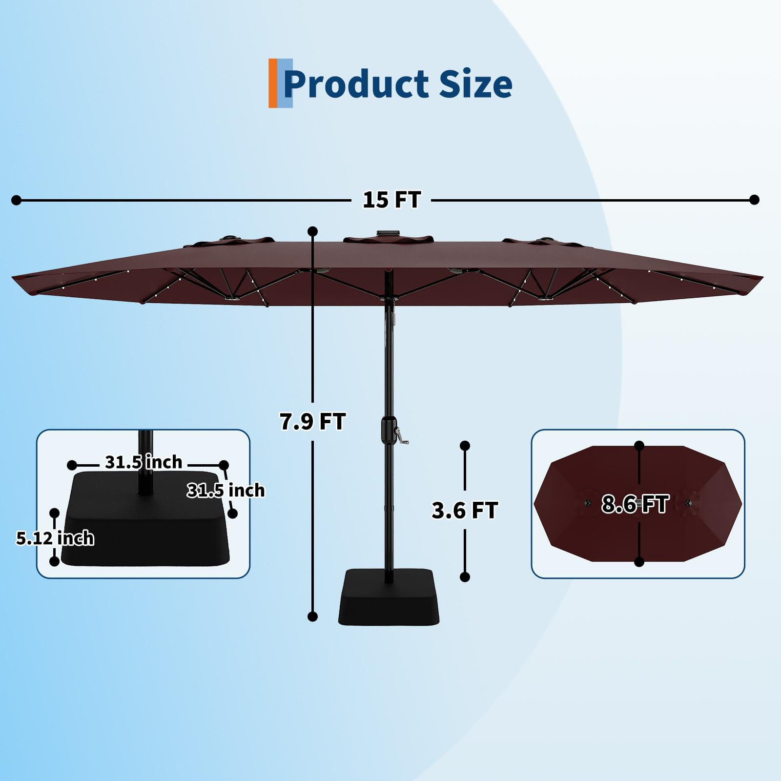15FT Rectangular Patio Umbrella with Base Included - Large Patio Umbrella with Crank Handle, UV Protection for Outdoor Market, Backyard, Pool