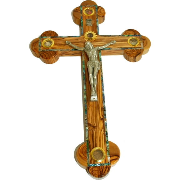 Holy Land Market Large Olive Wood 14 Stations Budded Orthodox Crucifix with 5 Holy Land Samples and Mother of Pearls Inlay Decoration (38 cm or 15 inches)