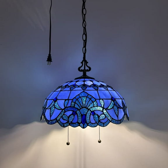 Tiffany Pendant Lights Plug In Blue Stained Glass Baroque Style LED Bulb Included for Dining Room Hotel Restaurant Cafe 16"W*16"D*75"H