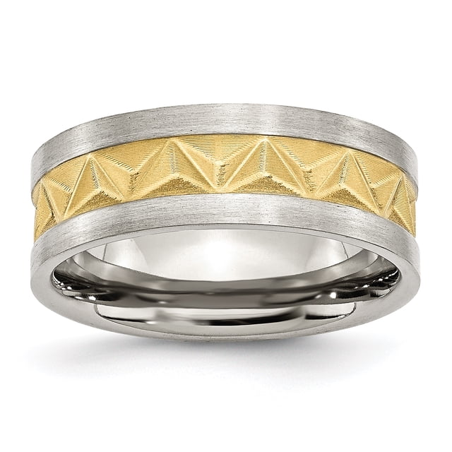 Stainless Steel Grooved Yellow IP-plated Mens 8mm Brushed Band Ring 7 Size