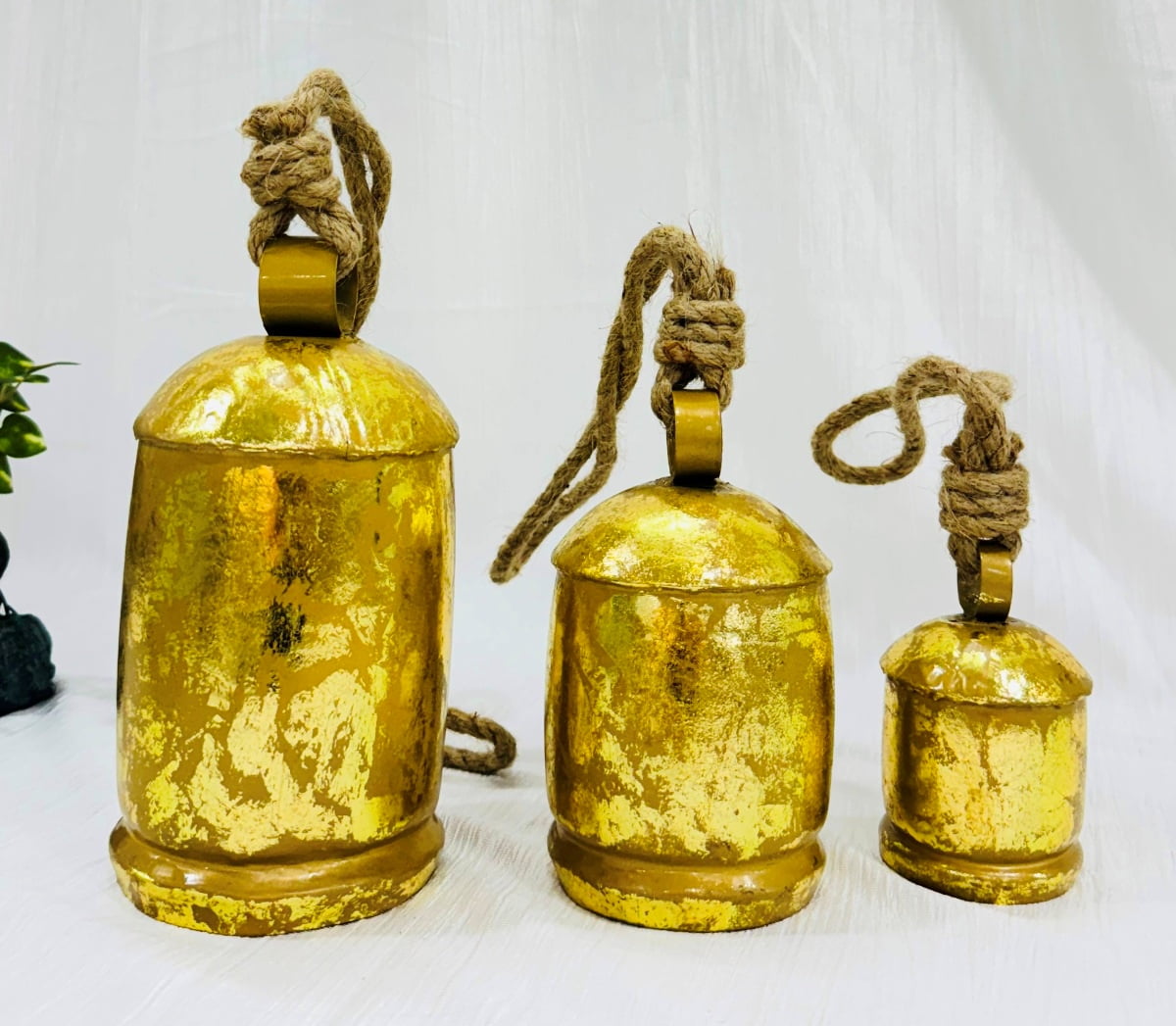 Handmade Brass Finish Hanging Bells for Door Chimes with Jute Rope Shabby Chic Decorative Bells