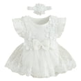 thumbnail image 2 of Riecok Baby Girl Infant 1st Birthday Princess Romper Dress Mesh Skirt 3D Flower Applique Ruffle Sleeve Occasion Dressy White 3 M, 2 of 3