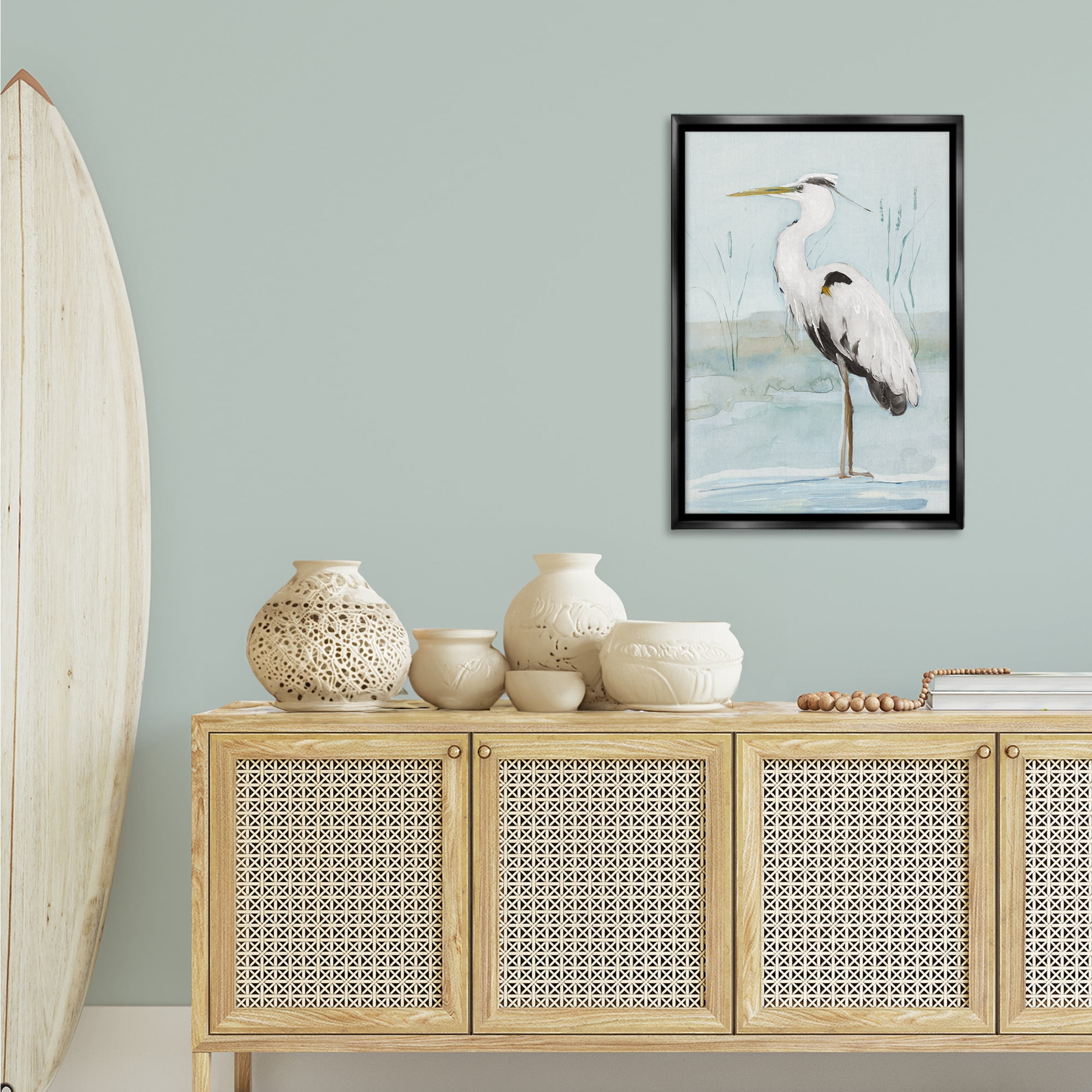 Stupell Industries Standing White Egret Animals Painting Black Floater Framed Canvas Art Print Wall Art, 21 x 31