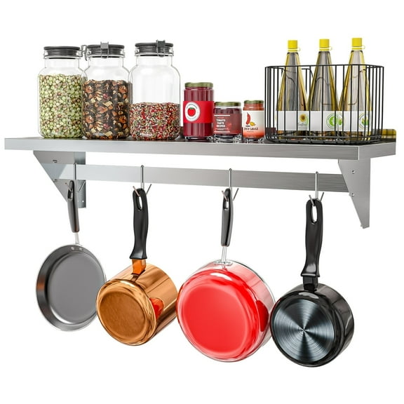 KoolMore 12" x 48" 18-Gauge Stainless-Steel Heavy Duty Wall Shelf with Pot Rack.