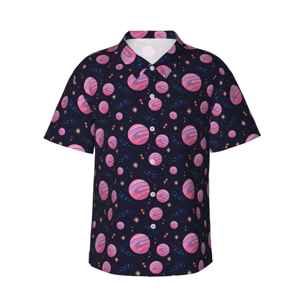 Balery Pink Planets And Stars Camisas hawaianas de manga corta para hombre, camisas playeras de corte holgado, camisas de vacaciones con botones,3X-Large