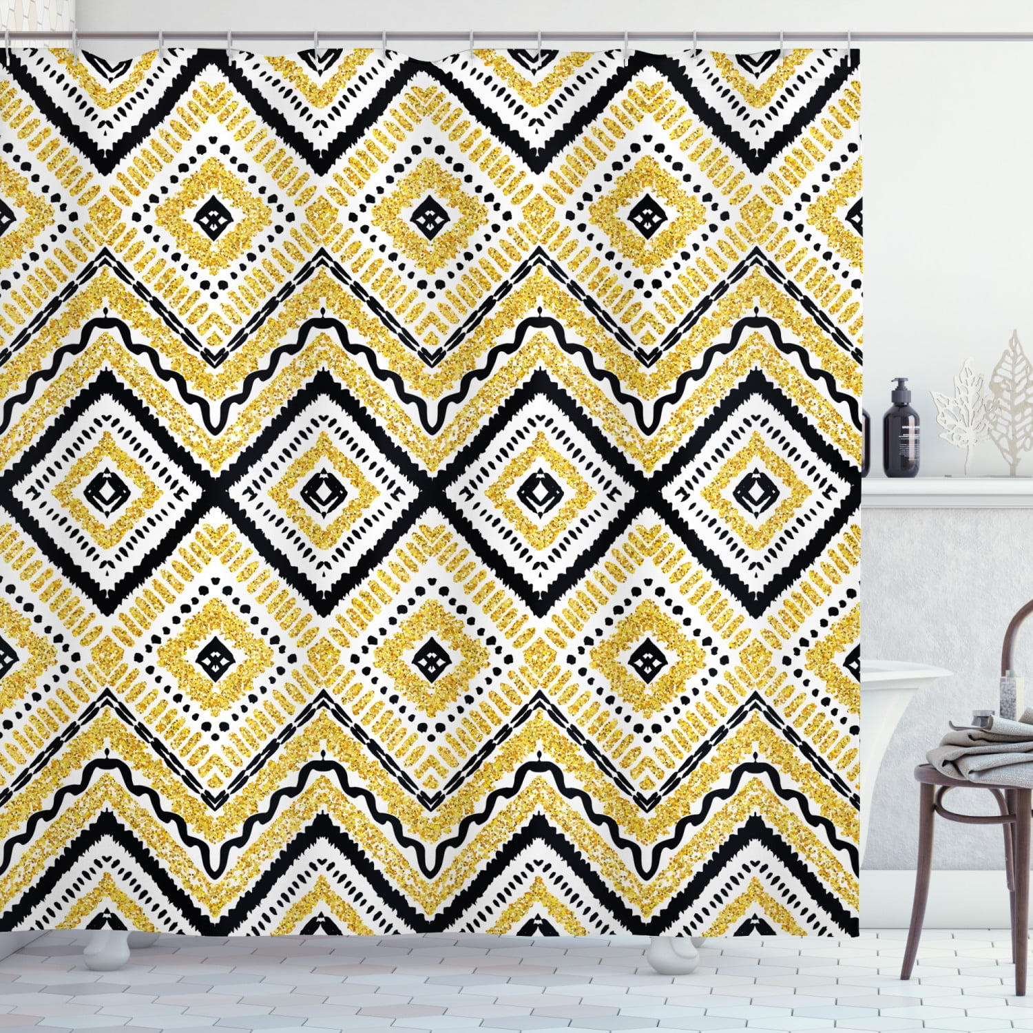 Gold and White Shower Curtain, Ethnic Tribal Motif with Rectangular