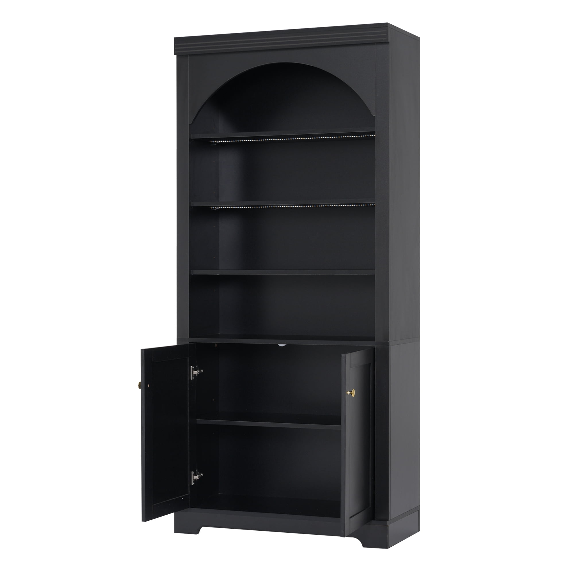 Euroco 70.8" Tall Bookcase with Doors,Mid-Century Modern 6-Tier Bookshelf with Storage,LED Lights & Adjustable Shelves,Display Shelf for Living Room,Kitchen,Home Office,Black