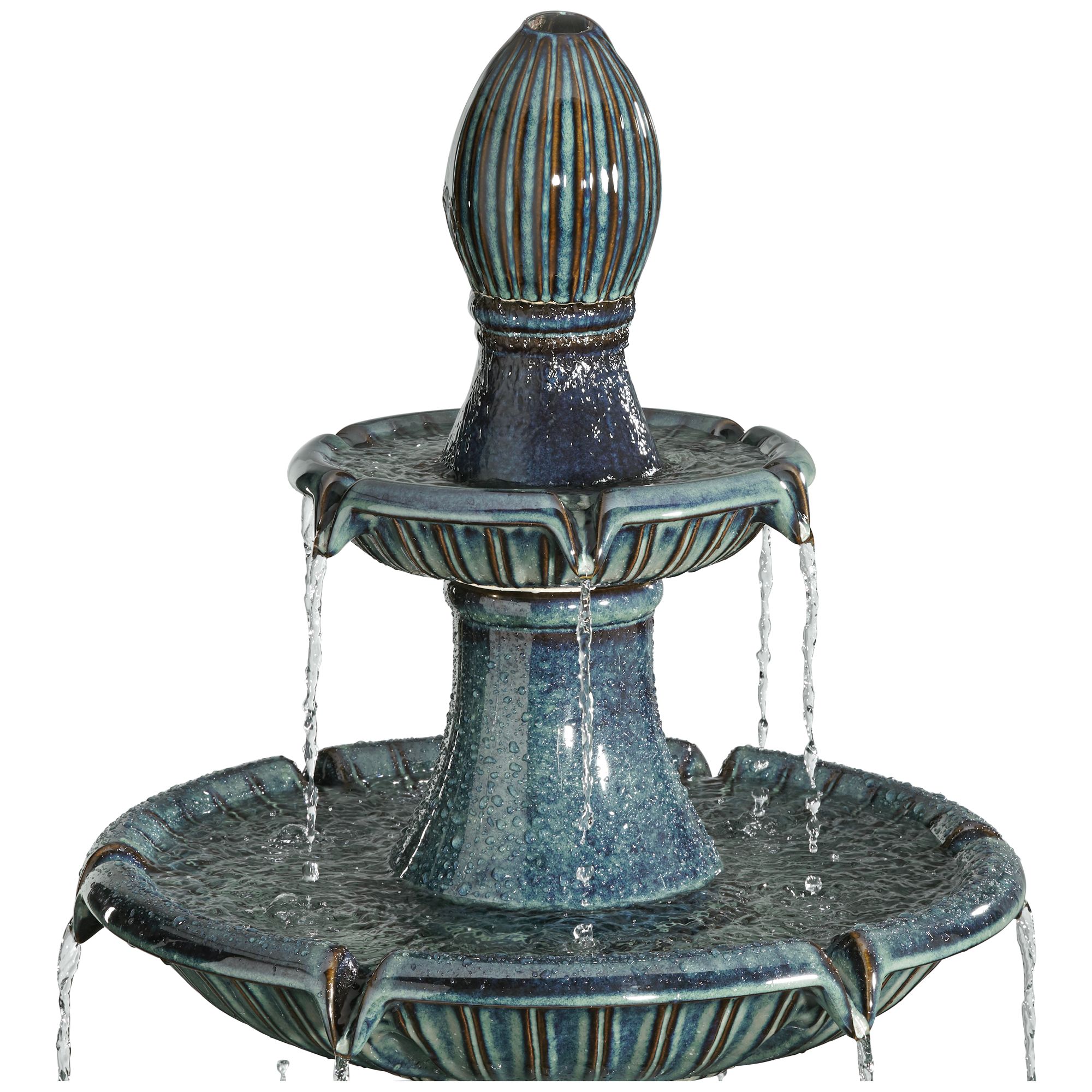 Formentera 46" High Large Italian Indoor Outdoor Decor Teal Blue Ceramic Floor Fountain with Light LED 3-Tier