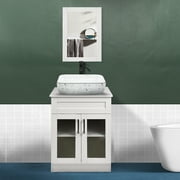 FULLWATT 24" Classic Wood Bathroom Vanity with Terrazzo Pattern Ceramic Vessel Sink Bowl Faucet and Mirror Set