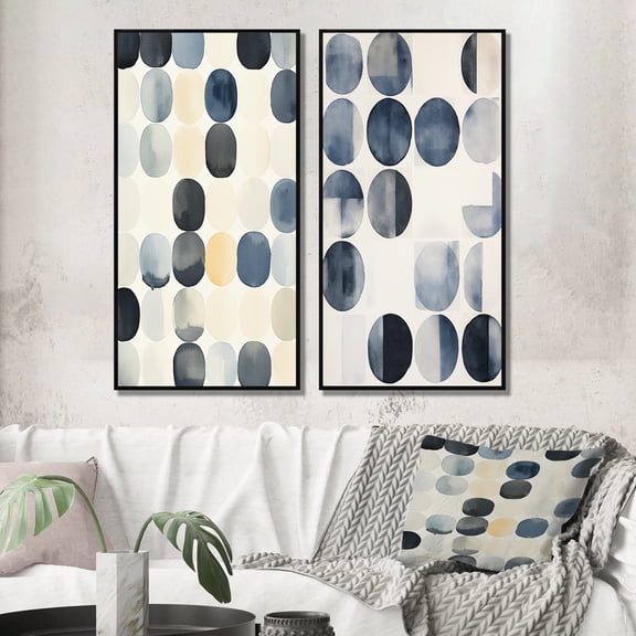 Designart "Indigo Secrets Retro Circular Watercolor IV" Modern Geometric Framed Wall Art Set Of 2 - Modern Blue Framed Canvas Set For Living Room Decor