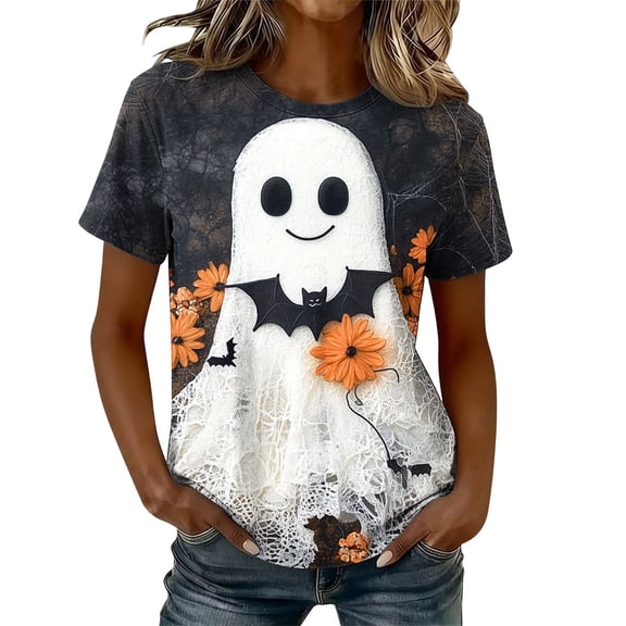 jobturf Womens Plus Size Halloween Shirt Party Short Sleeve Crew Neck T Shirts Holiday Loose Fit Graphic Festival Tops XXL