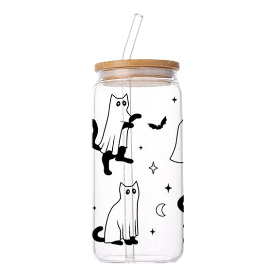 Halloween Can‑Shaped Glass Iced Coffee Tumbler,16oz Spooky Cute Drinking Glass Cup with Bamboo Lid & Straw, Boo Basket Stuffer, Fall Halloween Gifts for Women Men Teens