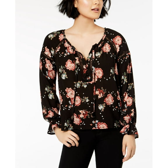 American Rag Juniors Lace Trimmed Poet Blouse Black Combo 2XS