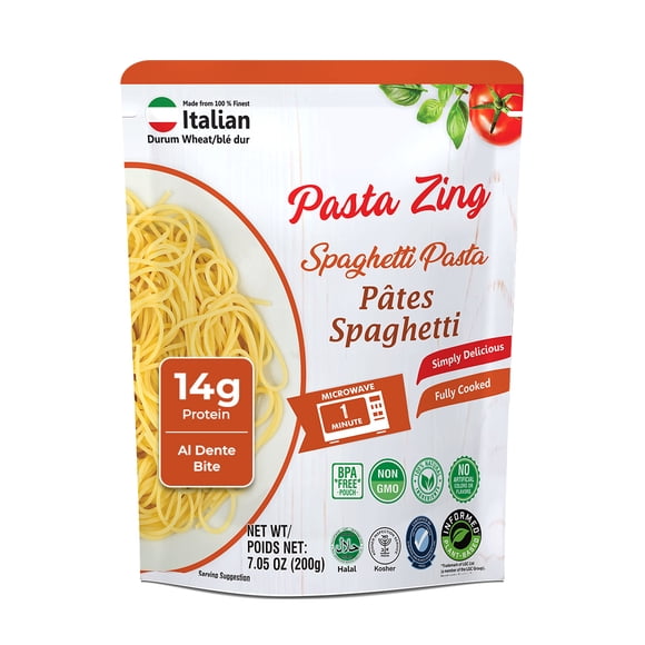 Pasta Zing Fully Cooked Spaghetti Pasta, Shelf-Stable Ready Meal, 14g Protein per Pack, Ready in 1 Minute, BPA-Free Pouch, 7.05 oz, pack of 7