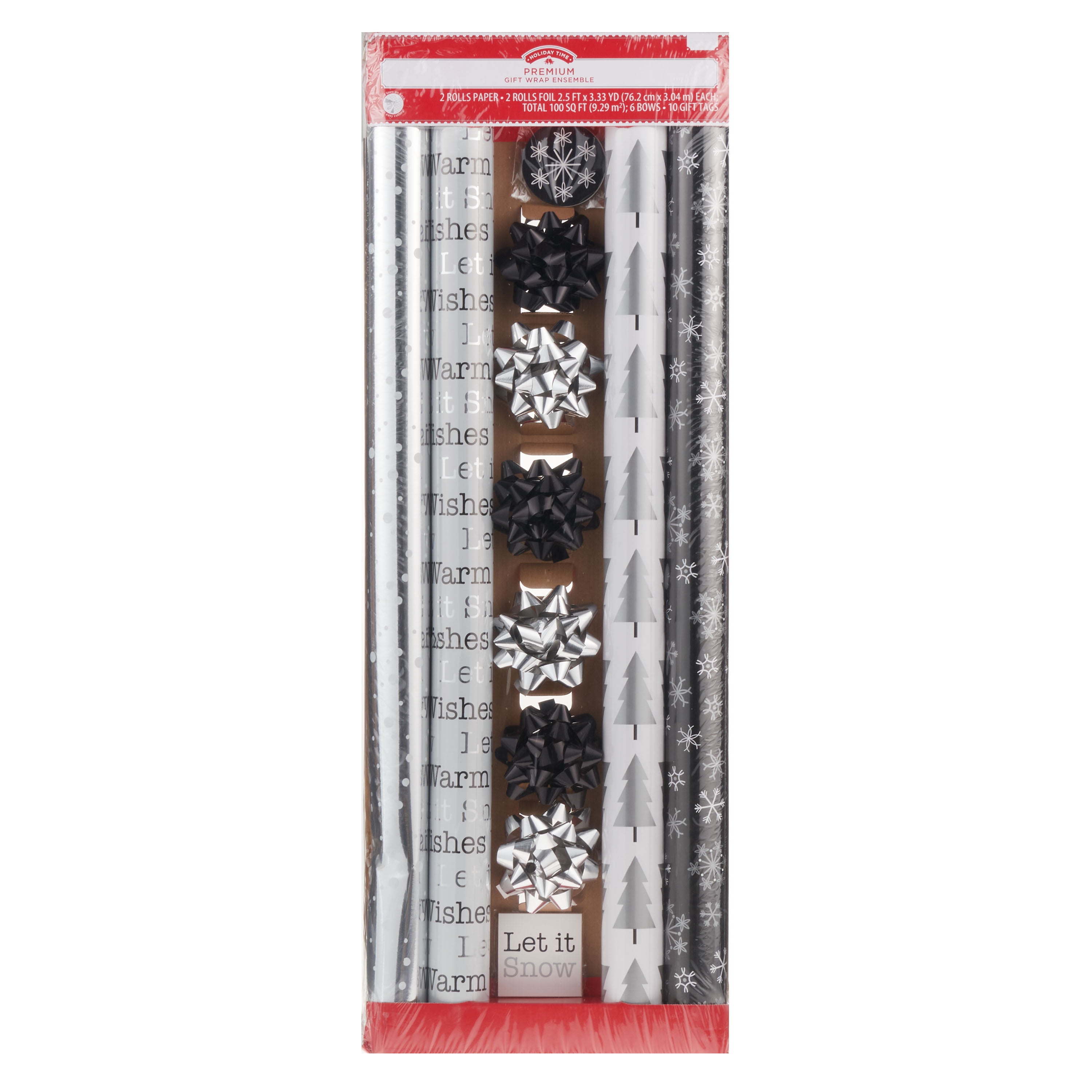 Holiday Time Premium Gift Wrap Ensemble, Black, White, and Silver