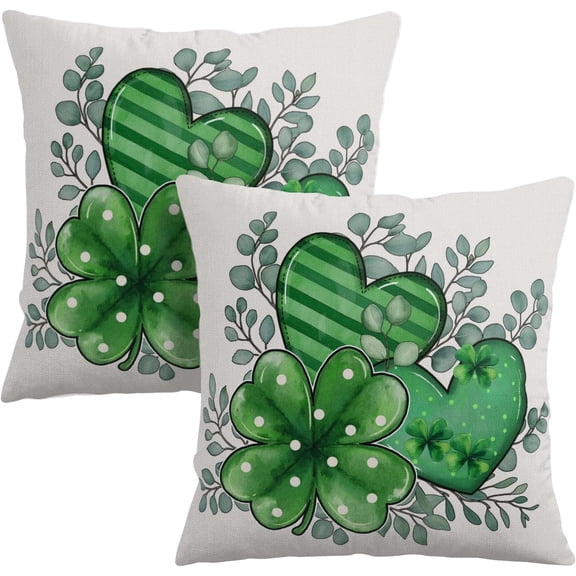 St Patricks Day Pillow Covers 18x18 Inches Green Shamrock Eucalyptus Heart Throw Pillow Case Set of 2 Irish Spring Pillows Linen Cushion Cover for Home Couch Sofa Livingroom