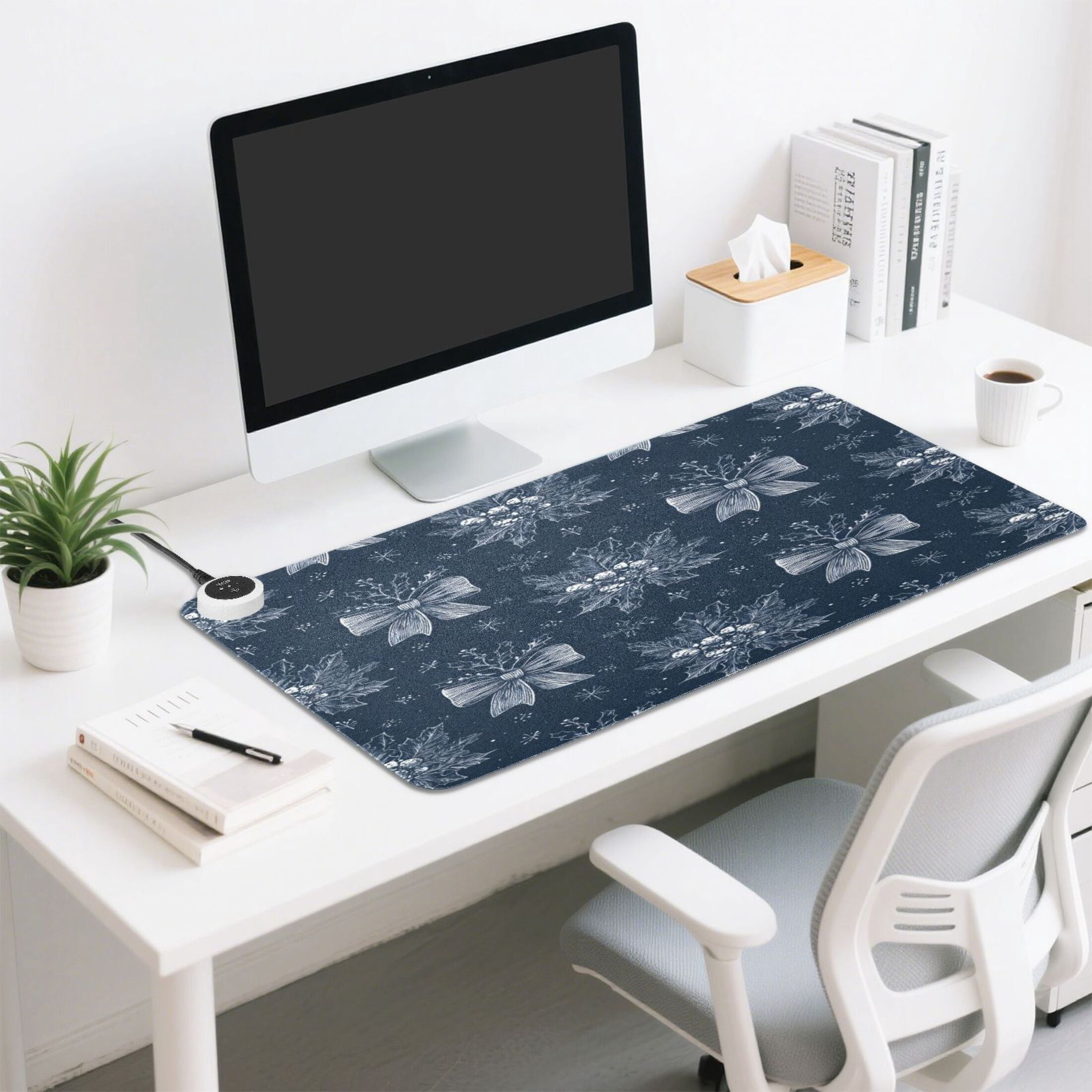 Large Heated Desk Mat Mouse Pad 31.5"x13"PU Leather Graphene Heating Desk Warmer with 3 Temperature Settings 110V US Plug Non-Slip Warm Pad for Home, Office, and Gaming Silver Christmas Bows Pattern
