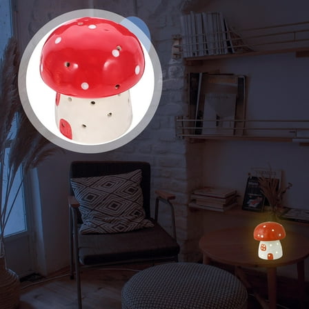HOMEMAXS Red Ceramic Cartoon Mushroom Table Lamp for Home Use Rechargeable Kids Night Light 7.5 Inch