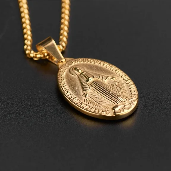 Golden Color Medalla Virgin Mary Necklace 14K Yellow Gold  Virgin Mary Pendant Necklace For Men Women Cross Medallion Choker