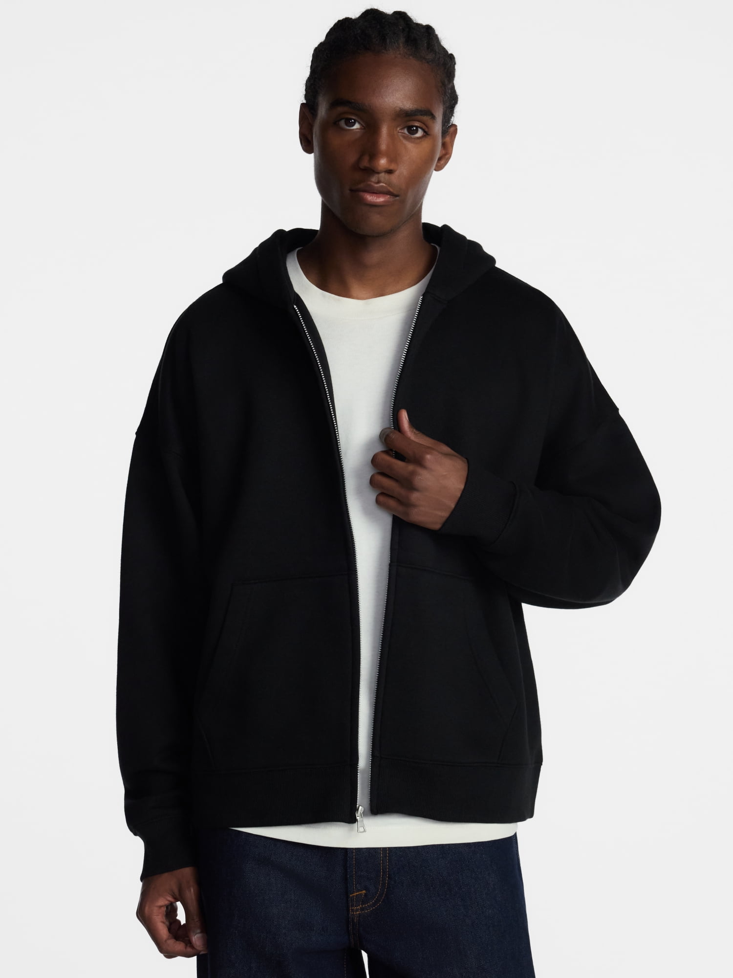 No Boundaries Boxy Oversized Fit Fleece Zip Hoodie Sweatshirt with Long Sleeves, Men's XS-4XLT