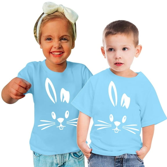 Lilgiuy Toddler Girl Boy Easter Shirt Casual Solid Color Short Sleeve Round Neck Cute Rabbit Graphic T-Shirt Top Summer Trendy Clothes Outfit Festival Gifts(Light Blue,3-4 Years)