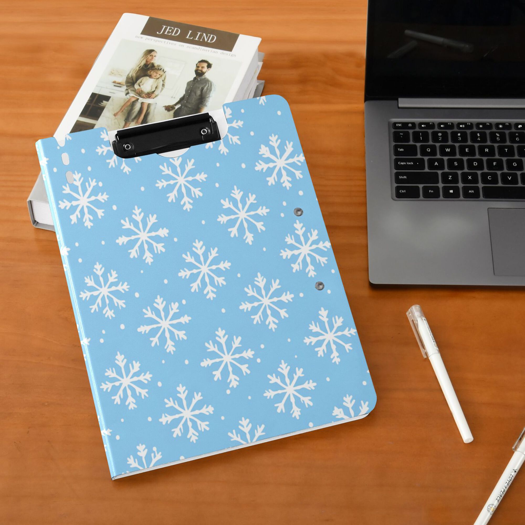 FORMRS A4 Clipboard Folder with Pen Holder Horizontal Foldable School Office Binder, Snowflake Pattern