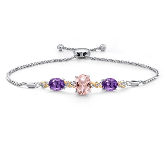 925 Silver & 10K Yellow Gold Peach Nano Morganite Purple Amethyst & Lab Grown Diamond Bracelet for Women | 4.78 Cttw | Gemstone October Birthstone | Oval 10X8MM and 8X6MM | Fully Adjustable 9 inch