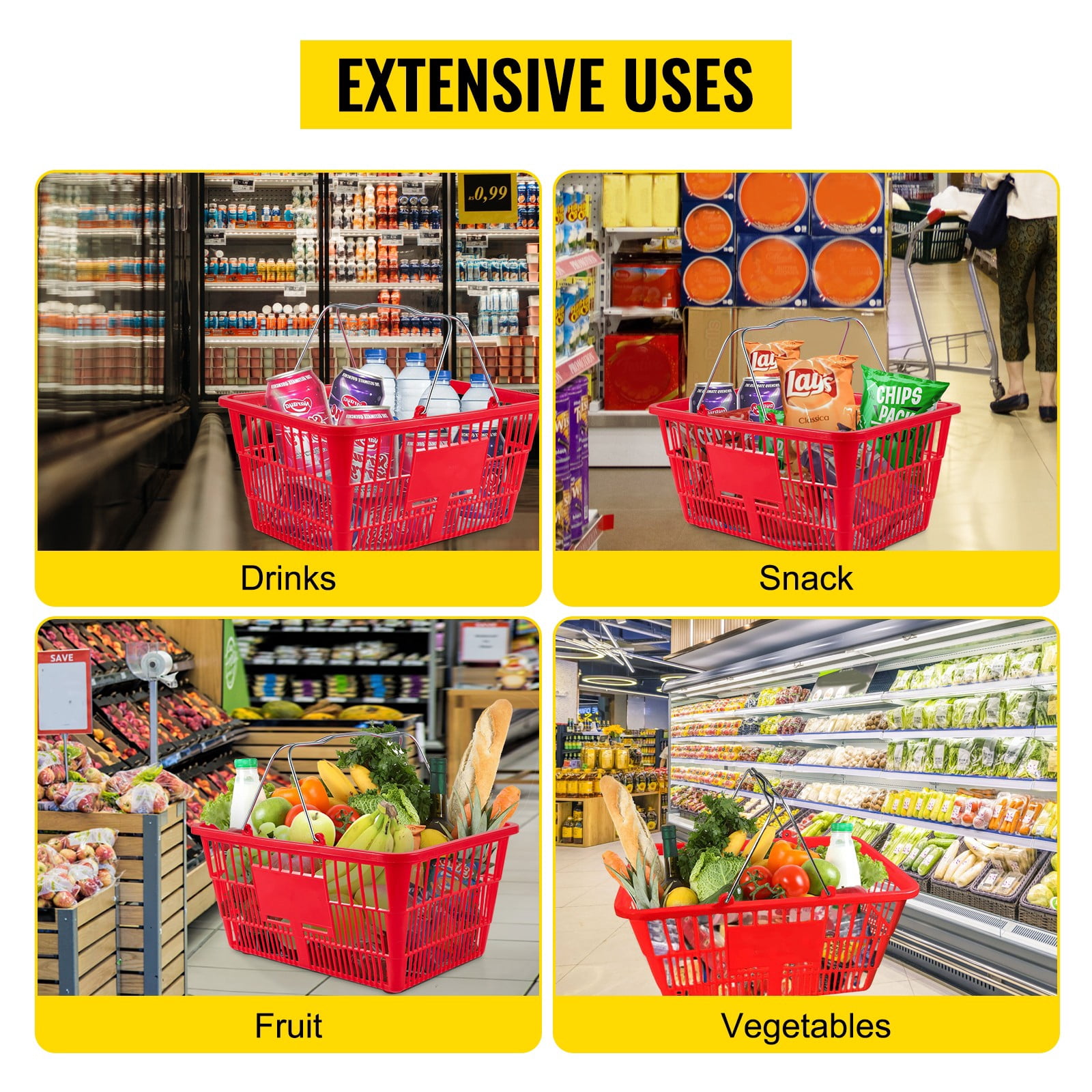 VEVOR Shopping Basket Store Baskets 21L Capacity 16.9"L with Handle 12Pcs Red