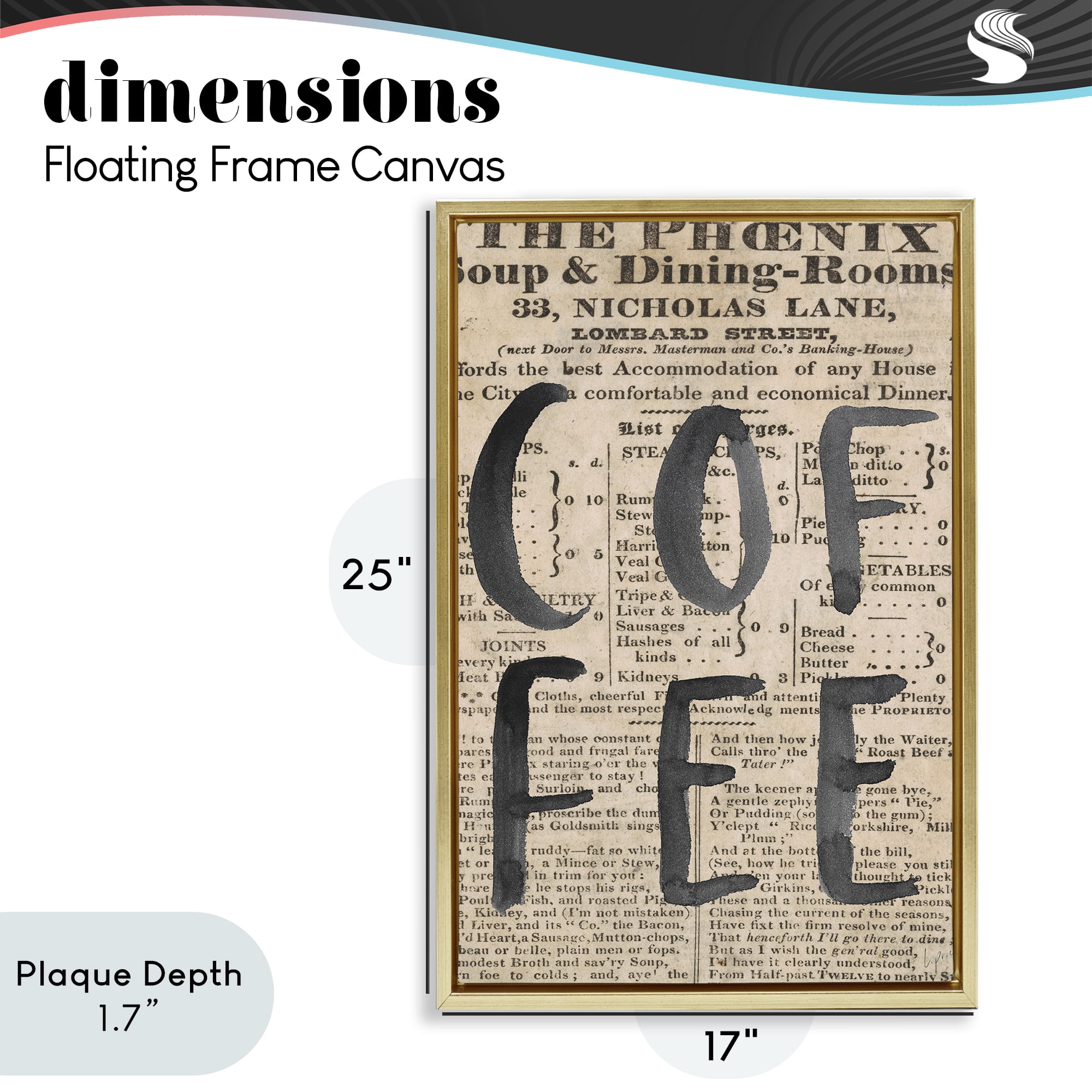 Stupell Industries Vintage Coffee Newspaper Gold Framed Floater Canvas Wall Art, design by Lucille Price